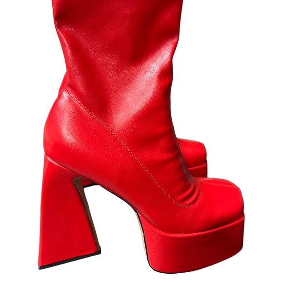 BVIENNIC RED Chunky square toe platform ankle GO-GO Boots w Heels EU42 - Picture 9 of 15